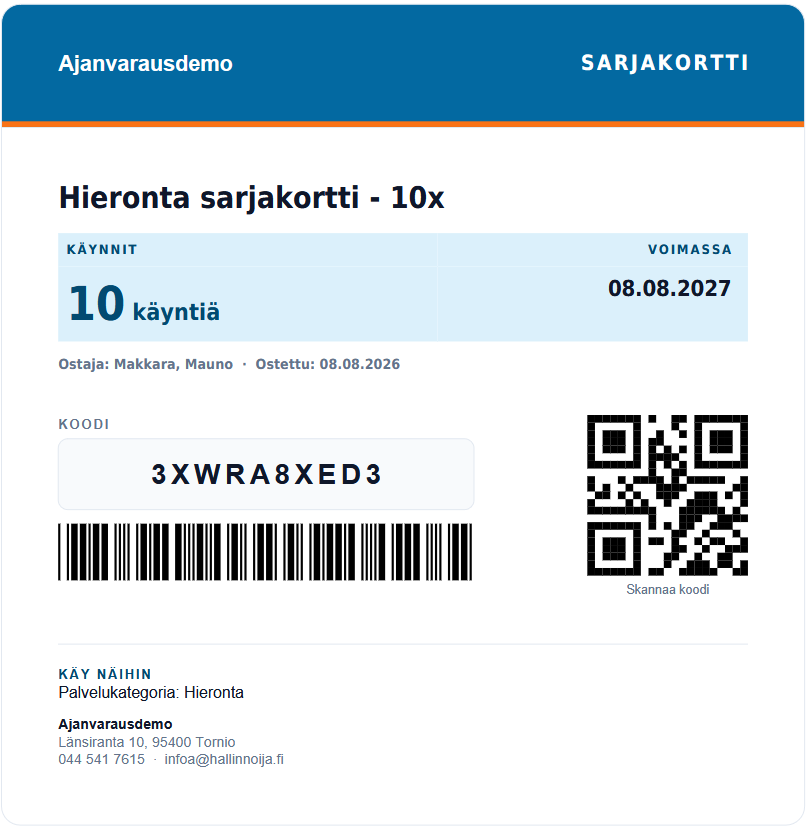 Sarjakortti hierontaan: jäljellä olevat käynnit, koodi, QR-koodi ja viivakoodi - Hallinnoija