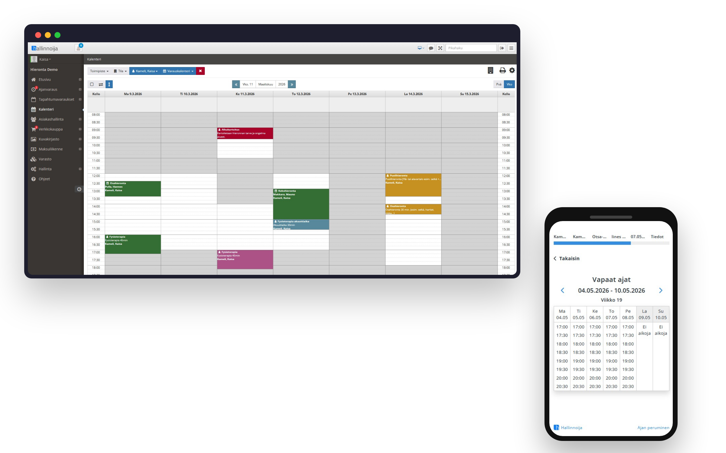 Hallinnoija-ajanvarausohjelma - varauskalenteri tietokoneella ja mobiilissa