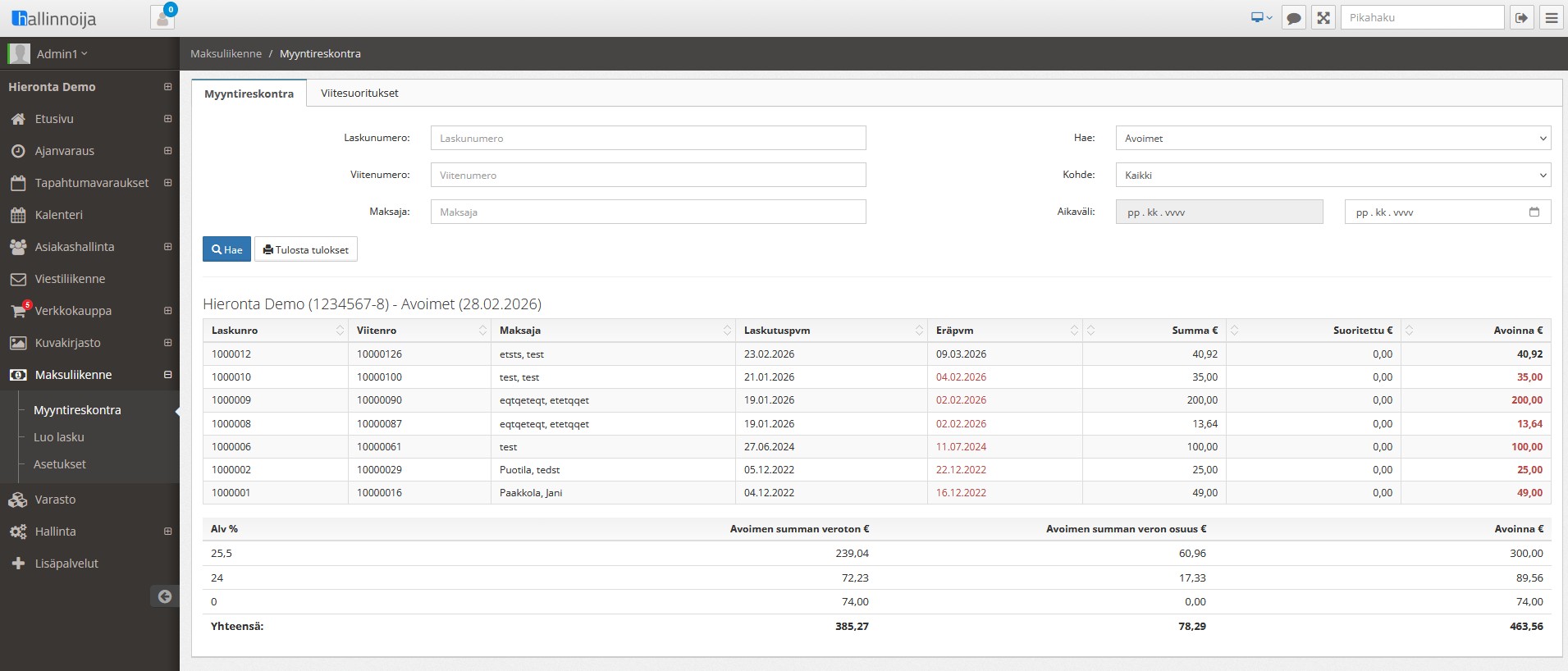 Myyntireskontra ja laskutus ajanvarausjärjestelmässä - Hallinnoija