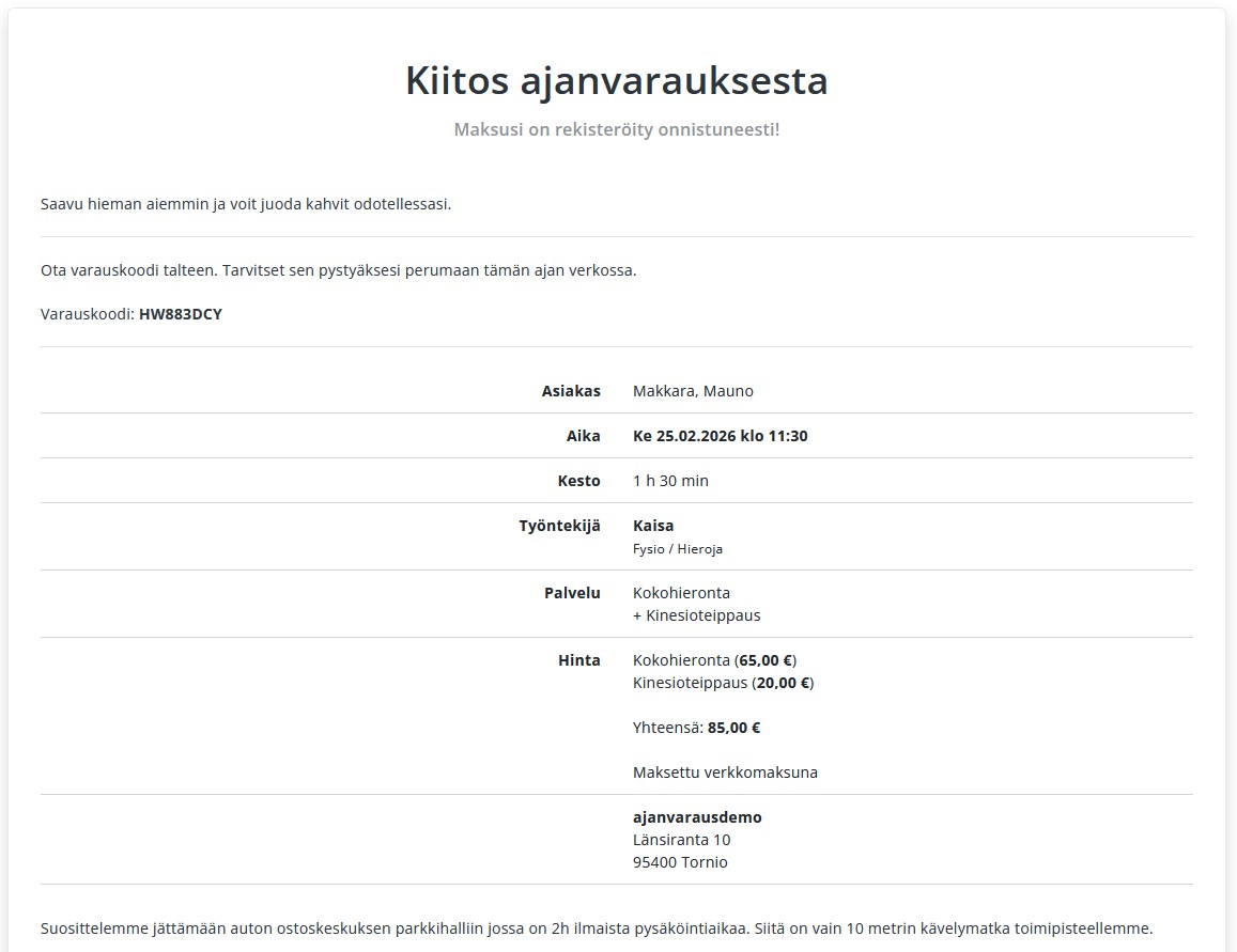 Automaattiset vahvistusviestit ajanvarauksesta - Hallinnoija
