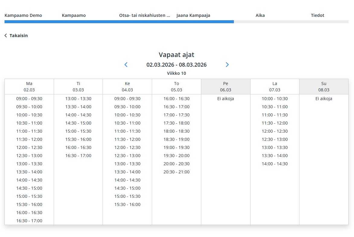 Ajanvarauskalenteri viikkonäkymässä - Hallinnoija